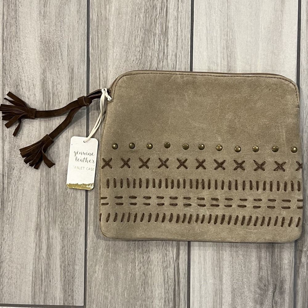 Genuine Leather Tablet Case Women Tan NEW Suede Studded Boho Whipstitch Clutch